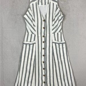 Anthropologie White and Gray Striped Button Midi Dress
